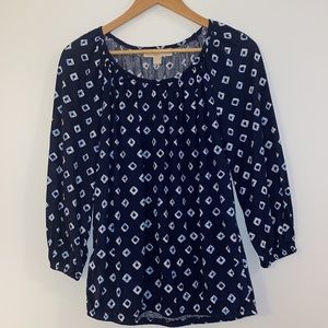Michael Kors 3/4 Sleeve Navy Blue Print Peasant